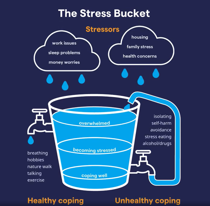 Infographic titled ‘The Stress Bucket’. It shows the following stressors: work issues, sleep problems, money worries, housing, family stress and health concerns. These are illustrated as rain falling into a bucket. As the bucket fills, levels are labelled ‘coping well’, ‘becoming stressed’ and ‘overwhelmed’. Taps on the sides represent coping strategies: healthy coping (breathing, hobbies, nature walks, talking, exercise) lets water out of the bucket and reduces stress; unhealthy coping (isolating, self‑harm, avoidance, stress eating, alcohol or drugs) sends water back into the bucket, increasing stress.